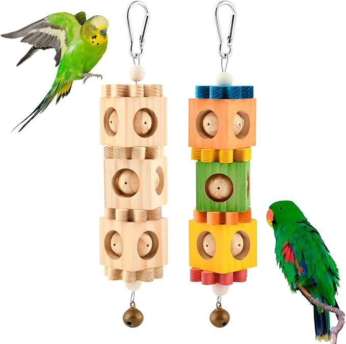 2 Pcs Wooden Bird Chew Toys for Beak Grinding, Hanging Parrot Rotating Wood Block with Bell Parrot Foraging Enrichment Toy for Parakeet, Cockatiel, Conure