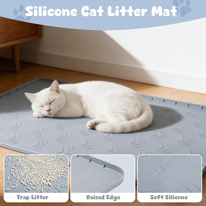JUJOMAT Cat Litter Box Mat, 40"*28" Large Silicone Cat Litter Trapping Mat Non-Slip Gray Kitty Litter Mat for Indoor Cats, Waterproof Pet Food Mats Easy to Clean & Soft on Kitty Paws