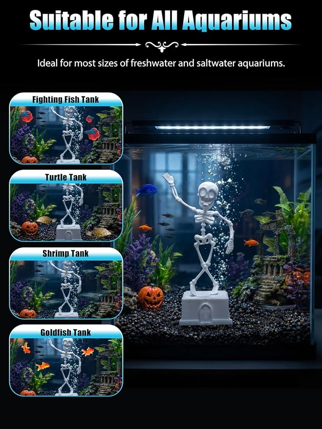 Dancing Skeleton Aquarium Bubbler, Halloween Fish Tank Decor(White) | Adjustable airflow with 1m hose & valve. Safe resin, for freshwater/saltwater tanks. Air pump not included.