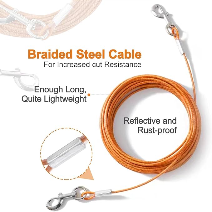 Tie Out Cable for Dogs,10/20/30/50/100FT Dog Leads for Yard Chew Proof,Heavy Duty Tie Out Cable for Large Dogs Up to 125lbs,Dog Runner Tether (Orange, 125Ibs 50ft)