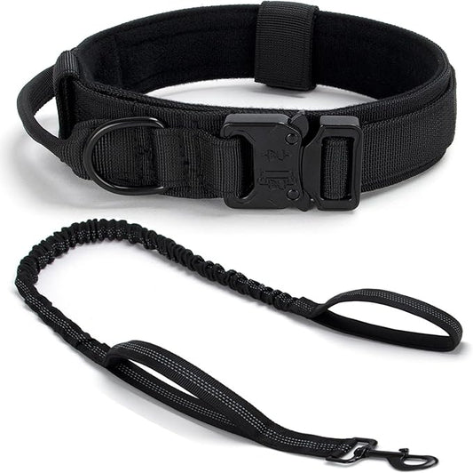 Tactical Dog Collar Set, Adjustable Military Training Nylon Dog Collar with Control Handle and Heavy Quick-Release Metal Buckle for Small Medium Large Dogs, Black Set L