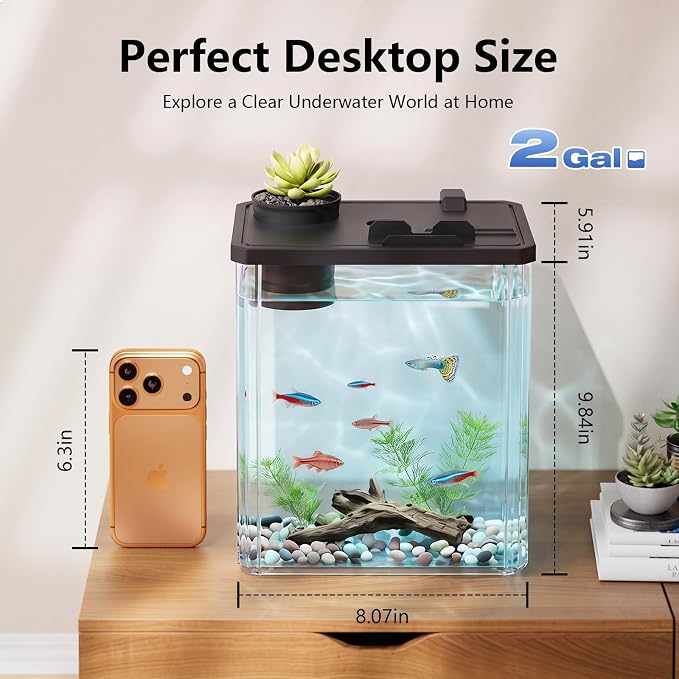 2 Gallon Betta Fish Tank Aquarium Starter Kit with Light and Lid(Black) | Premium Acrylic Aquarium with Light and Lid, Crystal Clear Starter Kit for Betta Fish, Shrimp, Snails and Small Fish