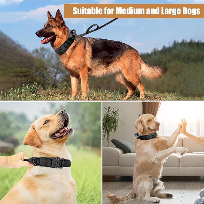 Tactical Dog Collar Leash Set, Adjustable Military Training Nylon Collar Dog Training with Control Handleand Metal Buckle, Dog Collar for Medium Large Dogs (Black,XL)