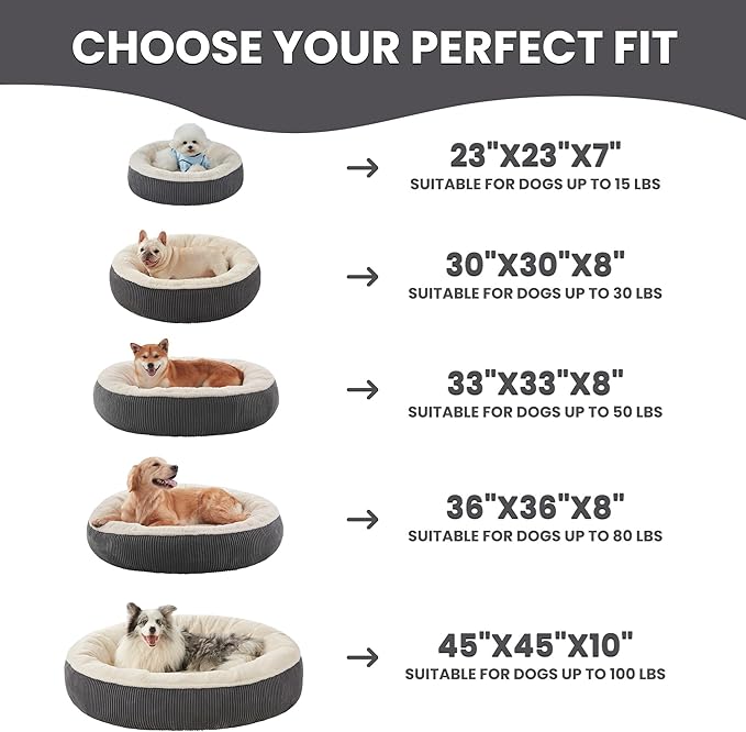 45 inches Donut Dog Bed for Extra Large Dogs,Calming Round Pet Bed with Removable & Washable Cover, Plush Faux Fur & Corduroy, Fits up to 100 lbs Pets(Dark Grey,XL)