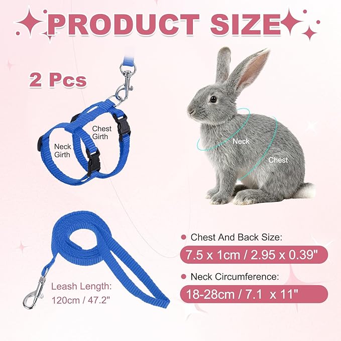 Rabbit Harness and Leash, Escape Proof Bunny Cat Leash Small Animal Harness Soft Adjustable Buckle(2Pcs, Sapphire) for Bunny Kitten Cats Puppies Walking Hiking Training