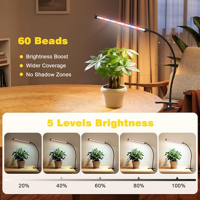 LED Grow Lights for Indoor Plants, Clip-On Clamp, Single Head | Flexible Metal Arm with Silicone Sleeve, 5700K Full Spectrum, CRI 85+, 4/8/12/18H Daily Timer, 5 Brightness Levels