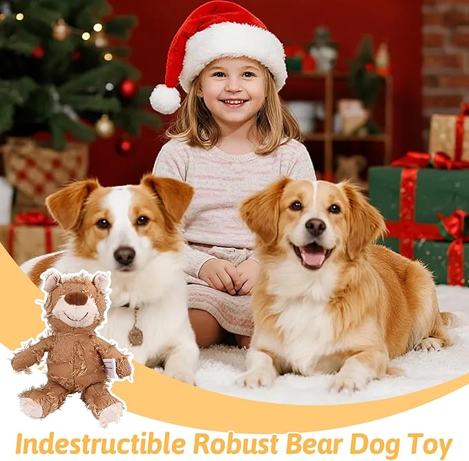 MAXBECK Dog Companion for Heavy Chewers- Indestructible Robust Bear Dog Toy, Resistant Squeaky Dog Toys for Heavy Chewers, Unbreakable Stuffed Plush Dog Toys for Aggressive Chewers (F-Oak+Purple)