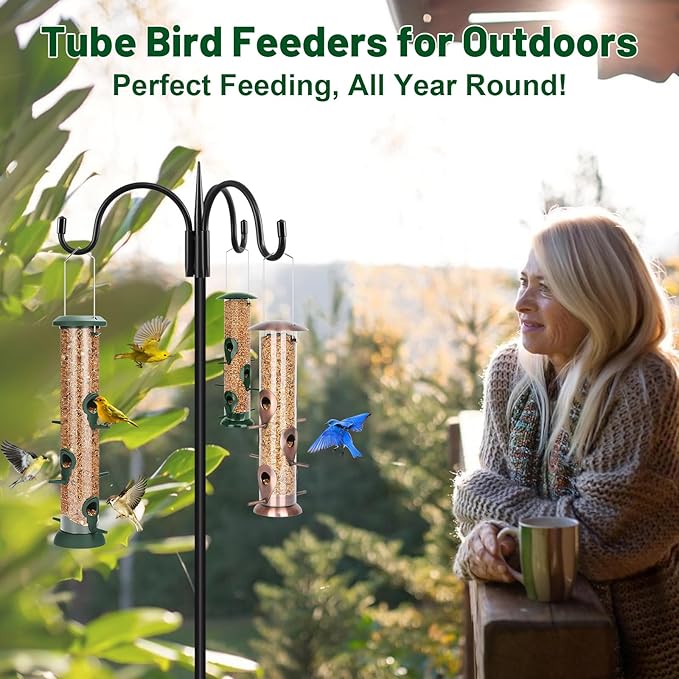 FEED GARDEN 2 Pack Tube Bird Feeders for Outdoors Hanging - Premium Hard Plastic Wild Bird Feeder with 6 Ports, Easy Refill & Clean, 15 Inch, Green