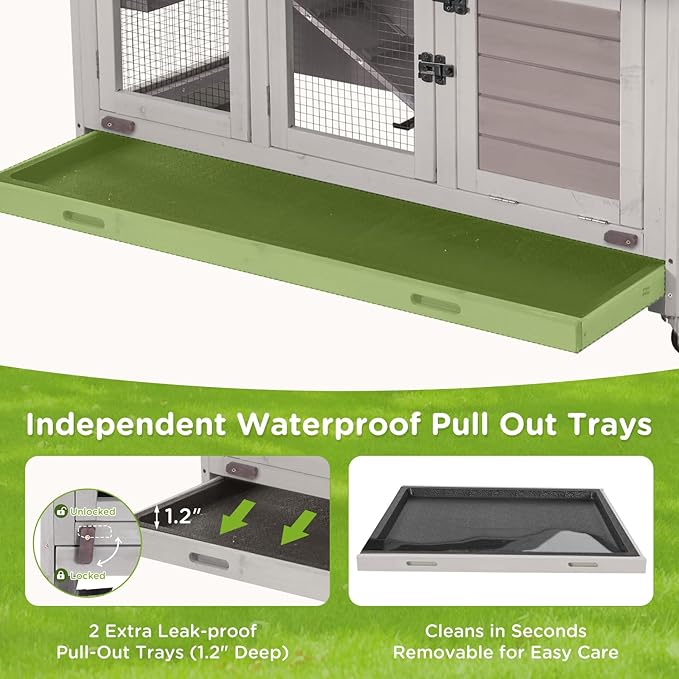 Gutinneen Large Indoor Rabbit Hutch Mobile Bunny Cage with Chew-Proof Ramp, Locking Leak-Proof Trays - Outdoor 44" Wooden Rabbit Cage with 4 Wheels for Rabbits, Guinea Pigs, Small Animals (Grey)