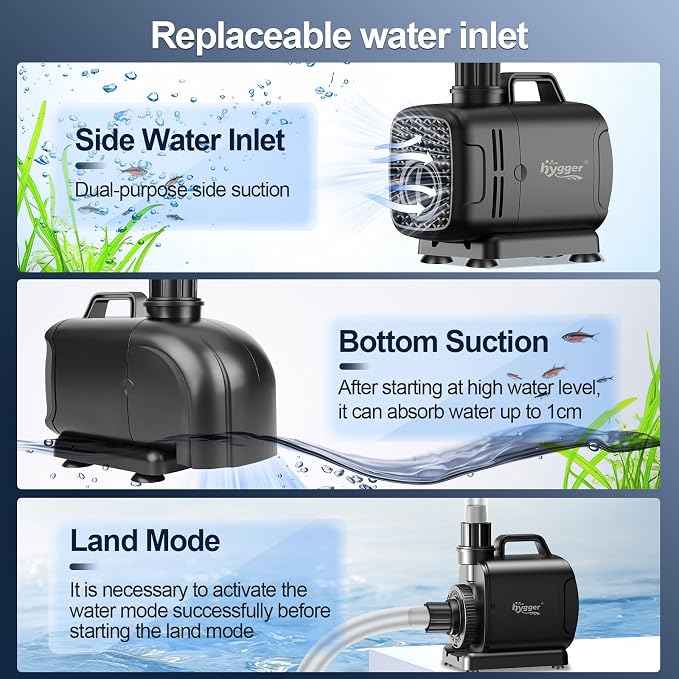 hygger 2-in-11850GPH Submersible Pump 135W, Side and Bottom Suction Fountain Water Pump with 16.4ft High Lift,Water Change with 4 Interchangeable Nozzles for Aquarium, Fish Tank, Hydroponics,Pond