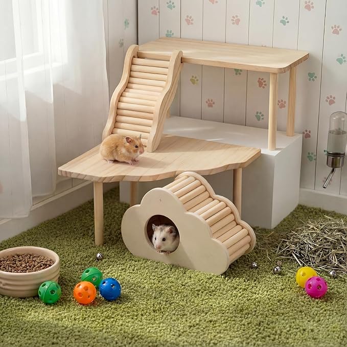 BreezeHug 4 Pcs Hamster Platform Hideout Wooden Tunnel Ladder Playhouse Hamster Game Climbing Toy with Platform Cage Accessories for Pets Dwarf Syrian Mice Degus Gerbils Squirrel(Cloud)
