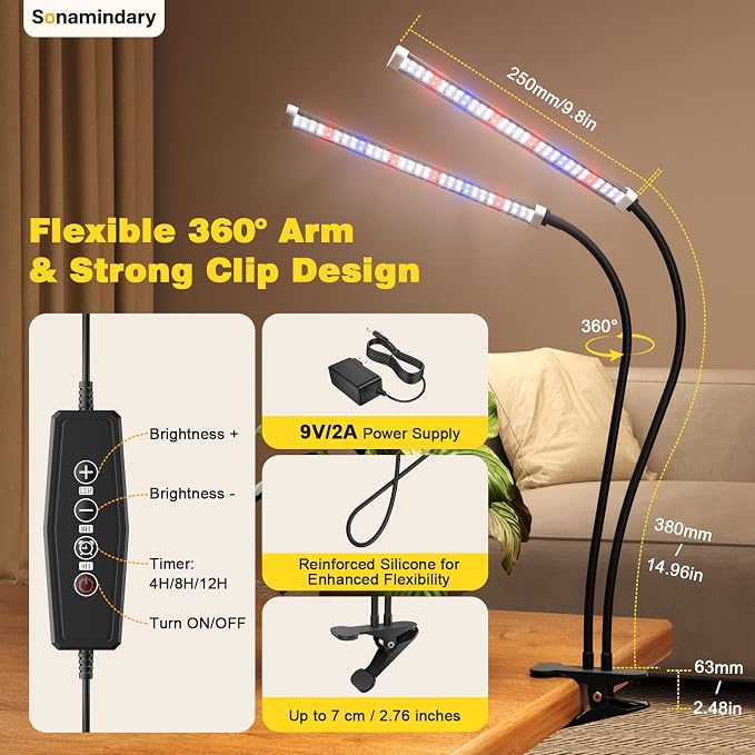 LED Grow Lights for Indoor Plants, Clip-On Clamp, Dual Head | 120 LEDs, Metal Arms with Silicone Sleeves, Upgraded 9V System, 5700K Full Spectrum, 4/8/12H Timer, 5 Brightness Levels