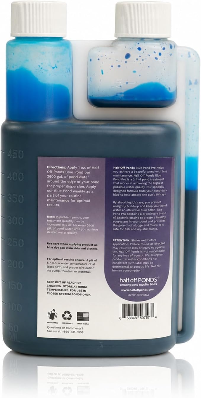 Blue Pond Dye for Clear Water & Sunlight Control, 16 oz | Deep blue tint, shades water to reduce sunlight, won't stain when diluted, fish and plant safe, enhances pond appearance