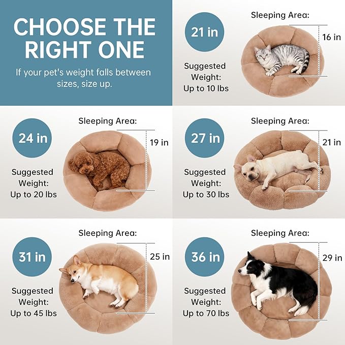 OhGeni 20 inches Calming Donut Dog & Cat Bed for Small Pets, Warming Comfort Fluffy Short Pile Fur, Durable Machine Washable, Cute Round Bed for Puppy and Kitten, Camel
