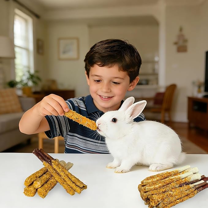 kathson 10Pcs Rabbit Chew Sticks,Natural Guinea Pig Chew Toys Apple Wood with Petals,Bunny Sweet Bamboo Molar Teeth Sticks,Small Animals Teeth Care Treats Stick for Hamster,Chinchilla,Gerbils