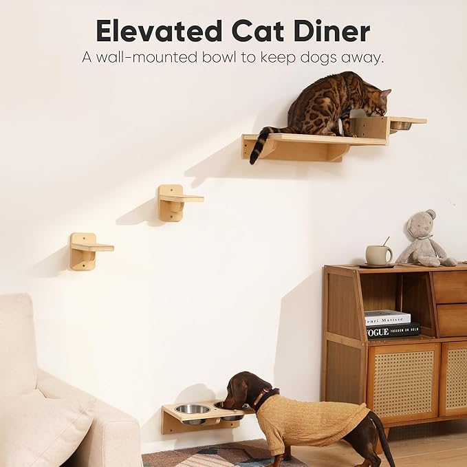 FUKUMARU Cat Wall Shelves, 3 in 1 Cats Walls Furniture Set, Food Station with 2 Steps, Birch Plywood Perch, Suitable for Kitten Play, Nap, Eat, DIY Wall Jungle Gym