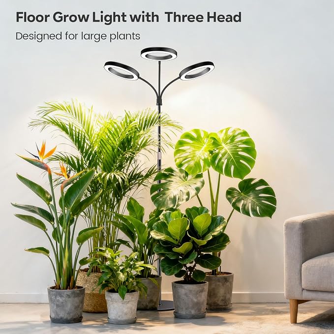 Floor Grow Light, 3 Head Full Spectrum with Base, for Large Plants | 252 LEDs 6000K Plant Light,12V,23''-67'' Height Adjustable,3 Color Modes & 5 Dimmable,Timer 6/12/16H,Flexible Gooseneck