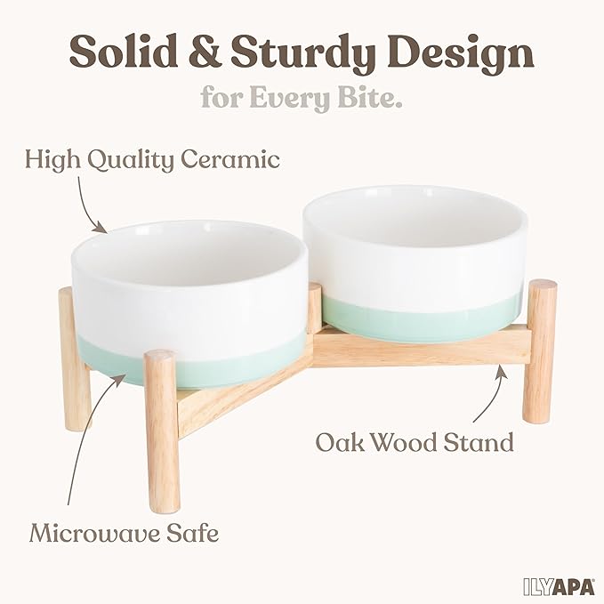 Ilyapa Ceramic Dog Bowls - Elevated for Medium Sized Pet with Raised Food and Water Set - Green Double 6 inch, 28 Oz Bowls & 13x6.3x5.5 Wooden Stand