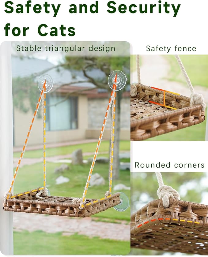 SETVSON Cat Window Perch 2 Pack,Cat Window Hammock Bed for Indoor Cats,Large Handwoven PE Rattan Window Seat,4 Suction Cups,Double Sided Washable Cushion Bed,2.3 Inch Fence Shelf, Pet Kittens Natural