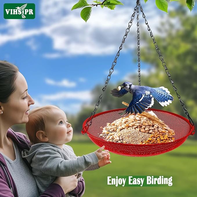 Hanging Bird Feeder for Outdoors – 12 in Platform Bird Feeder, Metal Mesh Seed Tray for Wild Birds, Red