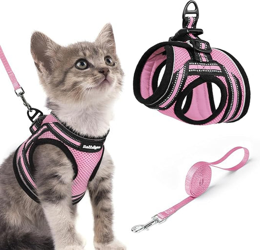 rabbitgoo Cat Harness and Leash Set for Walking Escape Proof, Adjustable Soft Kittens Vest with Reflective Strip for Cats, Comfortable Outdoor Vest, Pink, S