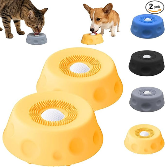 Dog Lick Bowl with Ball,Lick Ball Bowl for Dogs,Dog Licking Bowl with Rolling Ball,Slow Feeder Ball Bowl to Slow Pet Eating,Rolling Ball Dog Bowl Give Pet More Time to Enjoy Eating. (Yellow-2pcs)