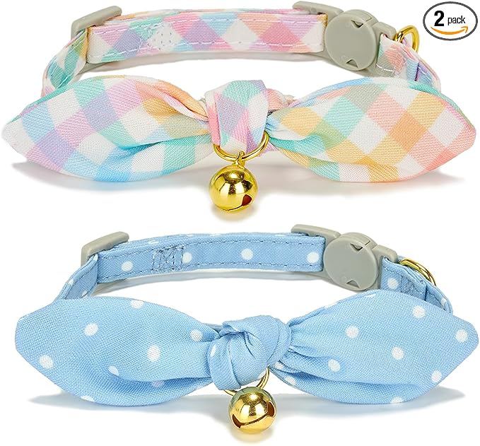 Bowtie Cat Collar with Bell, 2 Pack Cotton Breakaway Kitten Collars with Removeable Bow Stylish Cat Collars, Gradient Plaid & Polka Dot Blue