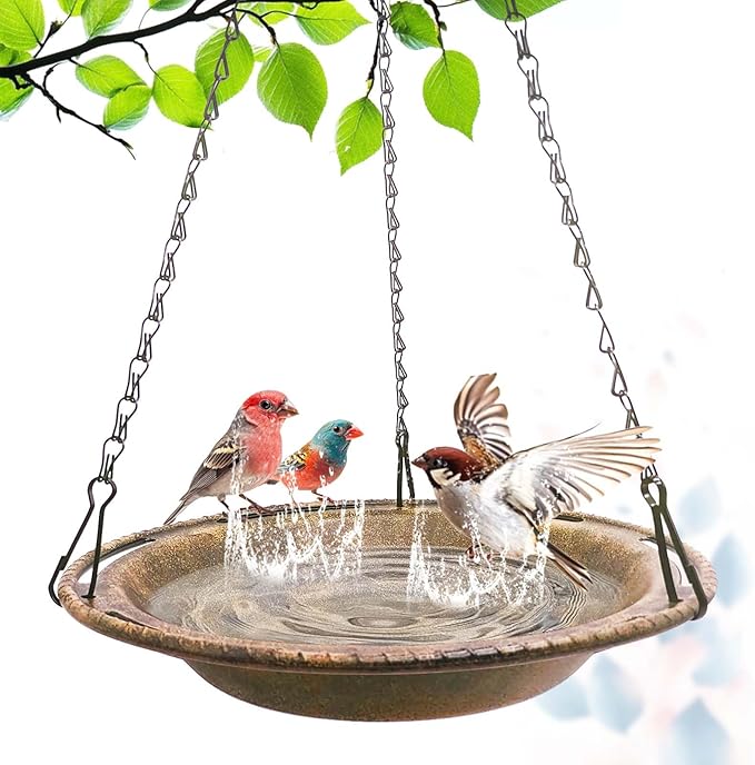 Hanging Bird Bath & Feeder Bowl, 12 in Outdoor Bird Bath with Chains, Durable Weather-Resistant PP, Antique Copper Finish, Backyard Garden Decor