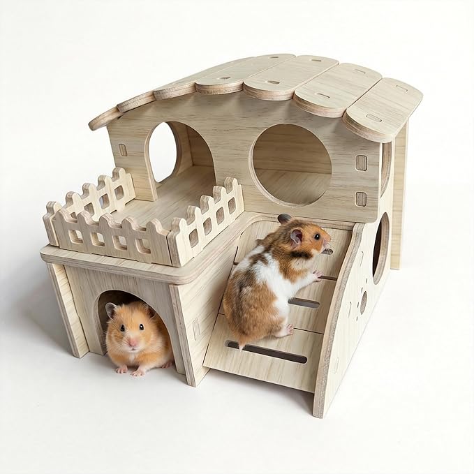 Multi-Chamber Hamster Hideout & House, Natural Wood Small Animal Cage Accessories for Dwarf Hamsters, Gerbils and Mice – Ventilated Design with Structure (Model 2)
