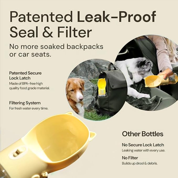 Dog Water Bottle Dispenser 380ml – Leak-Proof Lock, One-Hand Operation | Portable Pet Travel Water Bottle with Built-in Bowl | Purple