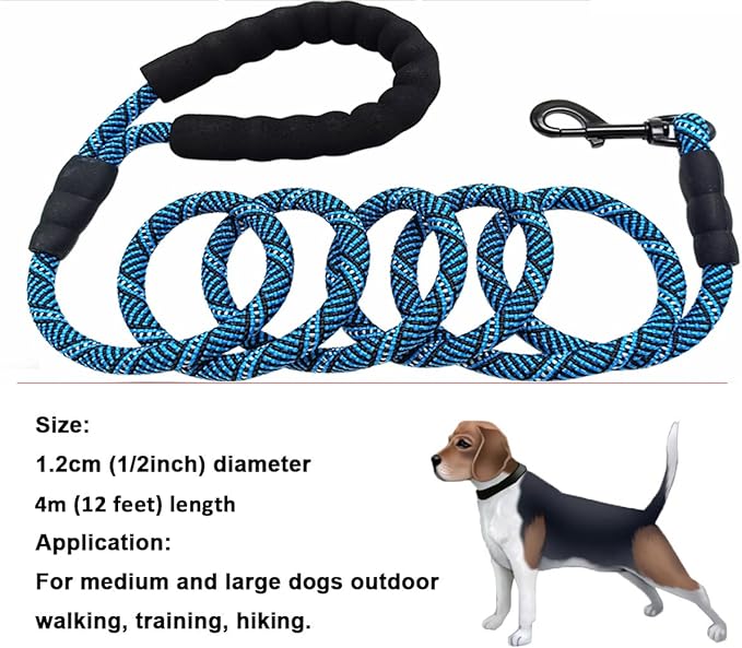 MayPaw Heavy Duty Rope Dog Leash, 3/4/5/6/7/8/10/12/15 FT Nylon Pet Leash, Soft Padded Handle Thick Lead Leashes for Large Medium Dogs (Blue Black, 1/2" * 12')