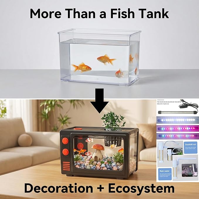 2.5 Gallon Fish Tank Kit with LED Lights, Filter & Plant Planter - Retro TV Decorative Fish Tank for Office Desk Home Decor,Mini Aquarium Starter Kit for Betta Fish (Black - 2.5 Gallon)