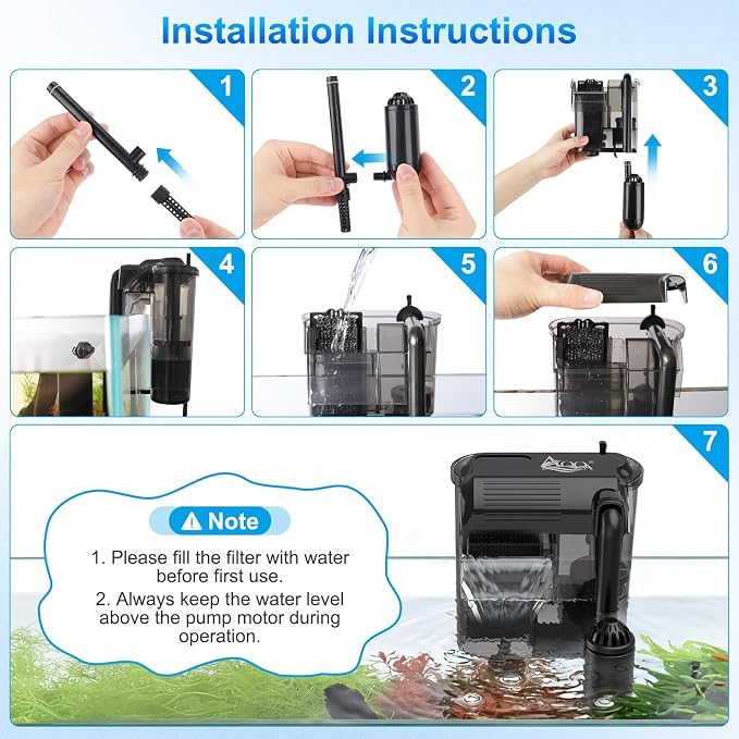 AQQA Aquarium Hang on Back Filter Whisper Fish Tank HOB Filter | Adjustable Flow, Multi-Stage Filtration with Surface Skimmer & Sponge Guard for Small Fish Tanks 4-21 Gallon (3W, 80GPH)