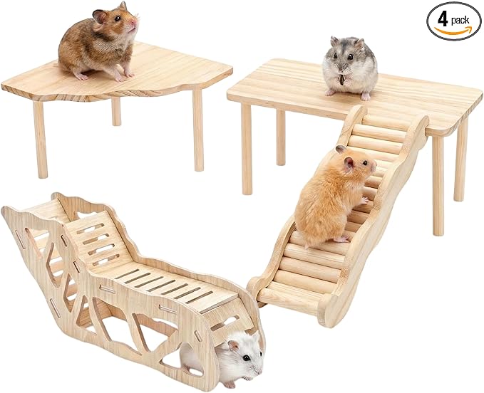 4 Pcs Hamster Platform Wooden Tunnel Ladder Hidden Play House Hamster Game Climbing Toy with Platform, Decor Toy cage Accessories for Dwarf Syrian Mice Degus Gerbils Squirrel and Other Small Pets