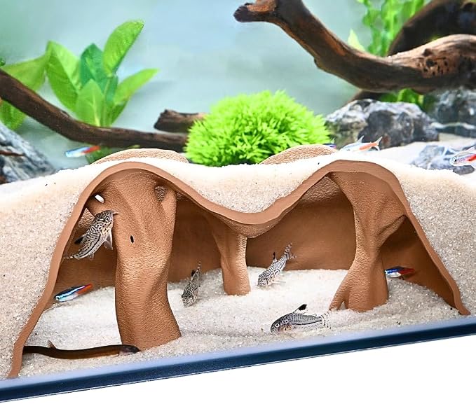 Aquarium Underground Cave Natural Mangrove Tree | Viewing Fish Under Gravel Tunnel Hide | Fish Tank Hideout Decor Decoration Enrichment for Corydora Catfish, Kuhli Loach, Pleco, Betta (Earth Brown)