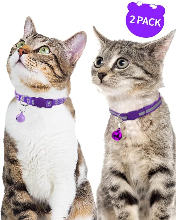 Taglory Reflective Cat Collar Breakaway with Bell, High Visibility Night Strip, Lightweight Adjustable Nylon Collar for Boy Girl Cats, 2 Pack, 7.5-12.5 Inch, Purple