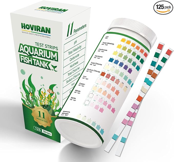11 in 1 Aquarium Water Test Strips with Ammonia,125 ct Fish Tank Test Kit | Accurate Freshwater & Saltwater Testing for pH,Ammonia,Nitrate,Alkalinity,Iron,Copper,Carbonate,Sodium Chlorine,etc