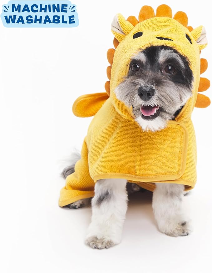 Barkbox Dog Bathrobe Fast Drying with Hook and Loop Closure & Wrap Tie Snuggle, Cute Dogs Clothes, Easy to Clean, Machine Washable, Dog Coats and Tumble Dry Low - Lion, Small