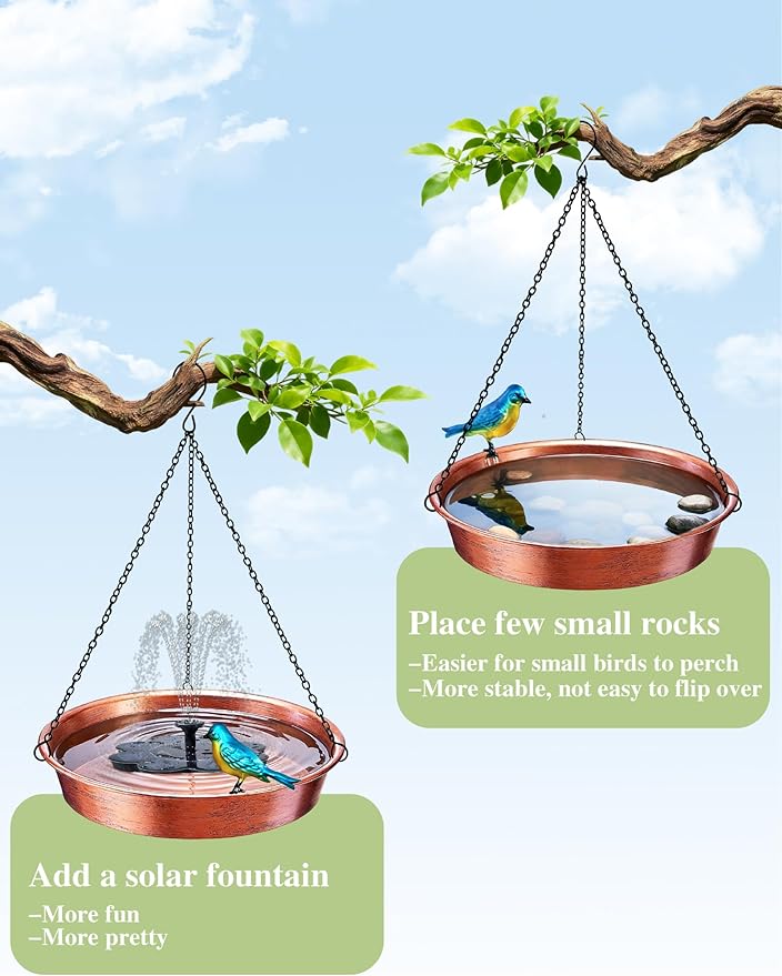 Hanging Bird Bath for Outside, 11.5” Antique Copper Metal Birdbath Bowl & Feeder with Black Chain for Outdoor Garden Yard Decor (0.7 Gallon)