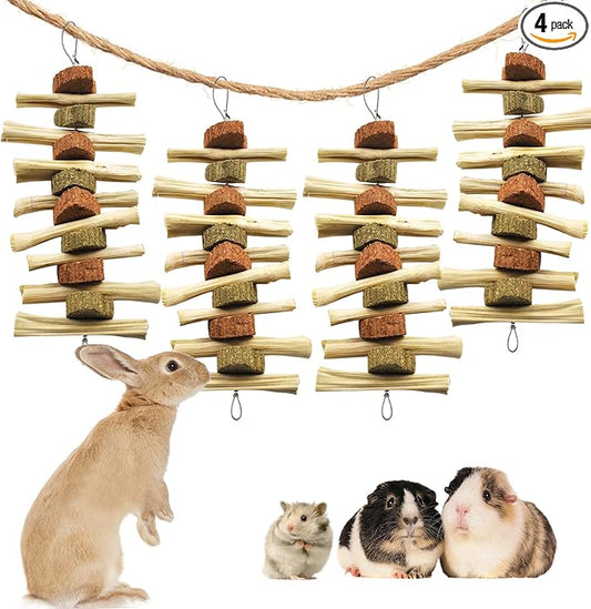 kathson 4 Pcs Bunny Chew Toys for Teeth,Rabbit Hanging Chew Toy Grinding Natural Sweet Bamboo Sticks with Timothy Hay Grass and Carrot Cake for Improve Rodent Small Animals Dental Health