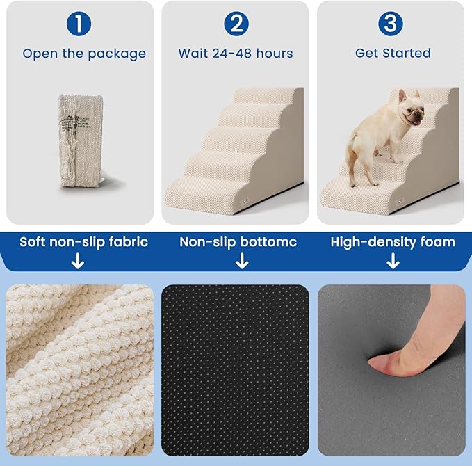 Airpanda 5 Step Dog Stairs for High Bed – Pet Steps for Small Dogs, Non-Slip Dog Ramp with Washable Cover, Pet Ladder for High Beds,Beige