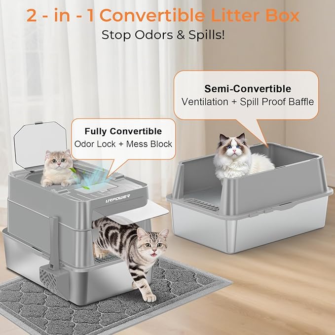 URPOWER Stainless Steel Cat Litter Box with Flip-Top Lid Extra Large Enclosed Litter Box Non-Sticky Metal Pan with High Sided & Scoop, Odor Free, Front & Top Entry, Anti-Leakage, Easy Cleaning