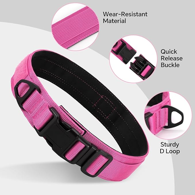 Tactical Durable Dog Collar, Metal D-Ring, Adjustable Heavy Duty Dog Collar with Heavy Quick-Release Buckle for Medium Large Dogs (Hotpink, M)