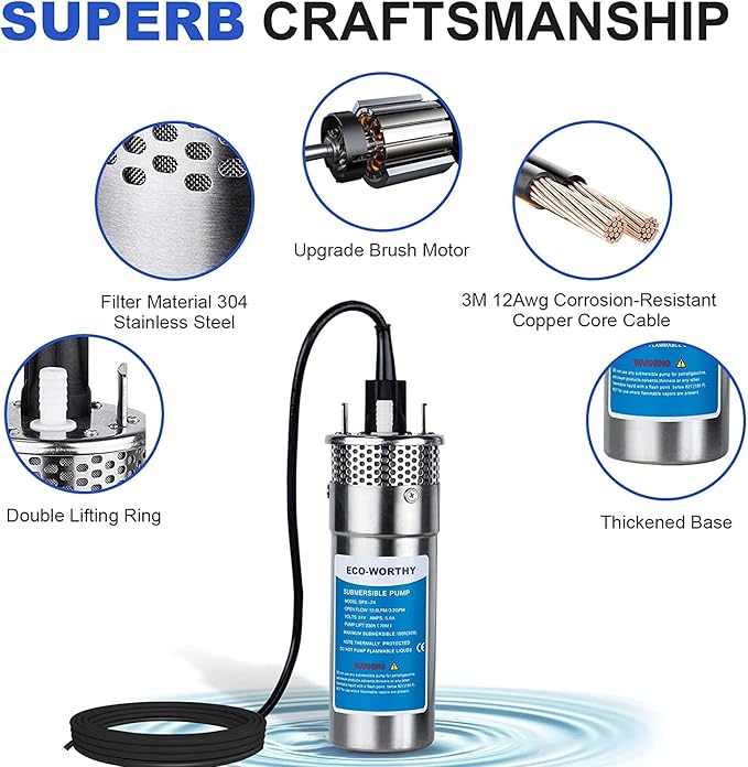 ECO-WORTHY 24V Well Pump 3.2GPM 4" Stainless Steel, Max Lift 230FT Deep Well Water Pump/Alternative Energy Solar, Well Pump Solar Water Pump