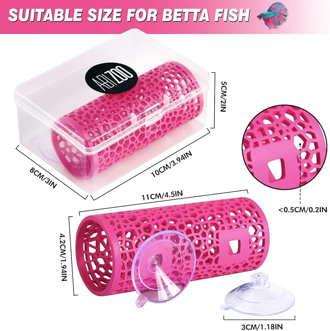 Abizoo Betta Fish Tunnel Hideout Pink for Aquarium Decoration | Durable Construction, Easy-To-Clean Smooth Finish, Suction Cup Mounting, Fish Tank Accessory for Shrimp, Guppy and Small Fish