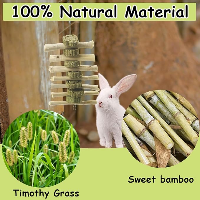 Natural Sweet Bamboo Grass Cake for Grinding Teeth,Rabbit Chew Toys Snack Hanging Guinea Pig Cake Toys String for Bunny,Chinchilla,Guinea Pigs,Squirrel,Gerbil (4PCS)