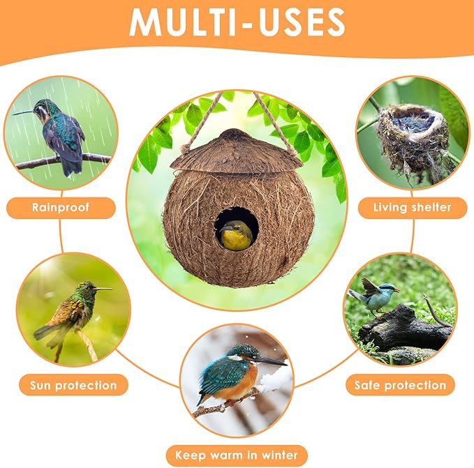 KATUMO Hummingbird Houses, Natural Coconut Bird Houses for Outside Hanging Hummingbird Swinging Nest, with Coconut Fiber Bedding for Nesting Window Garden Outdoor Home, 3Pcs