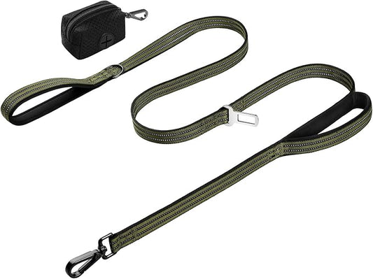 WINGOIN Dog Leash for Large Medium Small Dogs, Heavy Duty Dog Leashes with Double Handle, Poop Bag Holder, Car Seat Belt Buckle, Reflective Tactical Pet Lead for Walking, Training (Green, 5FT)