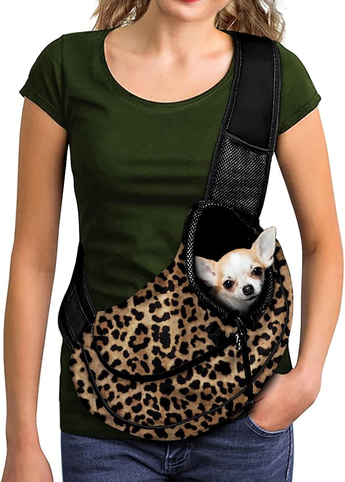FUSURIRE Leopard Animal Print Pet Carrier Sling for Small Dogs Cats Hands Free Pet Puppy Outdoor Travel Carrier Bag Adjustable Strap Padded Shoulder Sling Travel Tote Bag