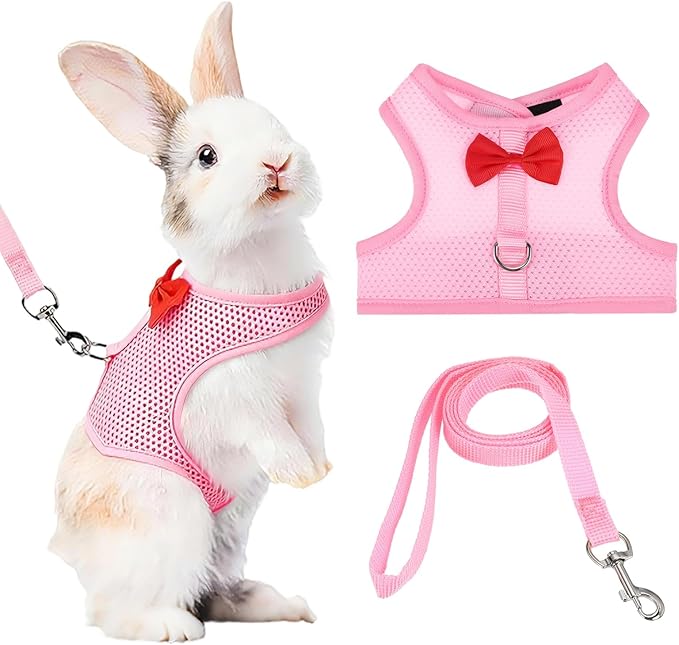 Rabbit Harness and Leash, Small Pet Cute Vest Harness Leash Soft Adjustable Buckle Breathable Mesh (L, Pink) for Bunny Kitten Small Pig Puppies Camping Hiking Training